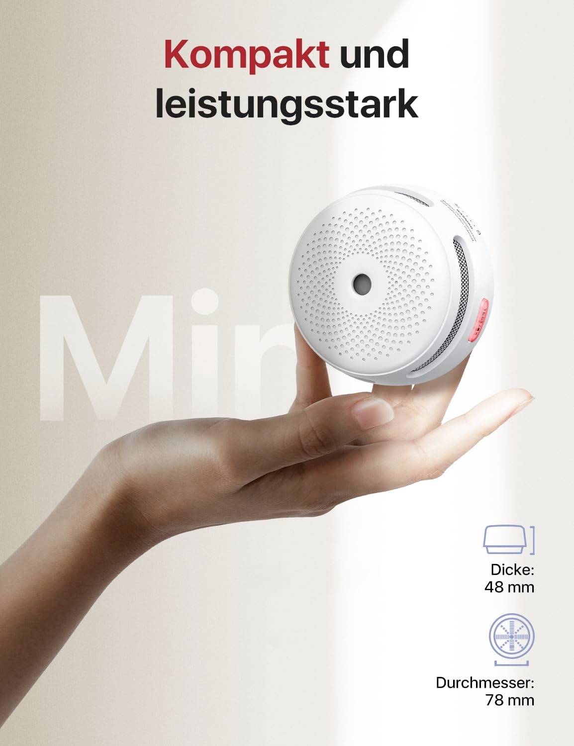 Eine Hand hält einen kleinen, runden Rauchmelder. Text: 'Kompakt und leistungsstark'. Maße: Dicke 48 mm, Durchmesser 78 mm.