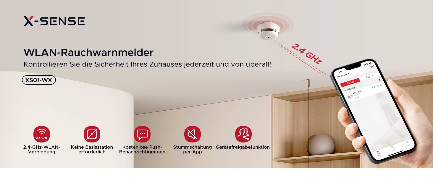 'WLAN-Rauchwarnmelder' an der Decke, zeigt 2,4 GHz Verbindung, wird per Smartphone-App überwacht. Sicherheit jederzeit und überall.