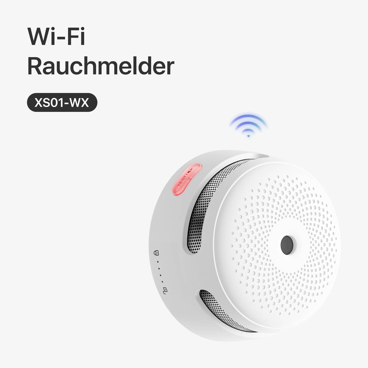Wi-Fi-Rauchmelder mit Modellnummer 'XS01-WX', graues Gerät mit rotem Knopf und blauer Wi-Fi-Anzeige auf weißem Hintergrund.