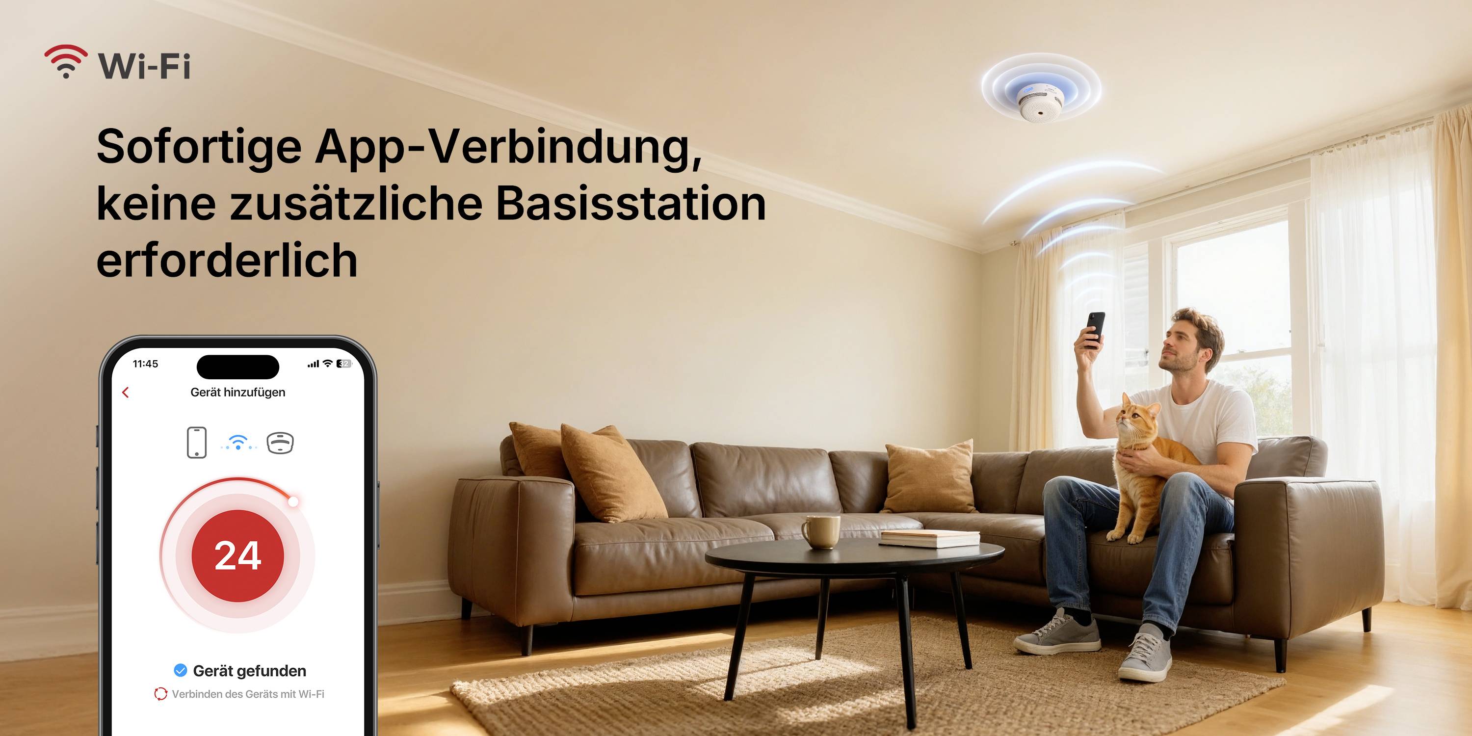 Ein Mann sitzt mit einer Katze auf dem Sofa und richtet sein Smartphone auf einen Brandmelder. Text: 'Sofortige App-Verbindung, keine zusätzliche Basisstation erforderlich.'
