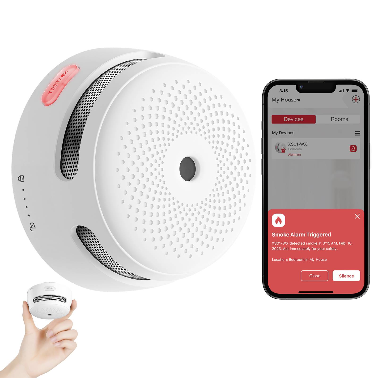 Ein Rauchmelder, der an einer Wand montiert ist, mit einem Smartphone, das eine Benachrichtigung 