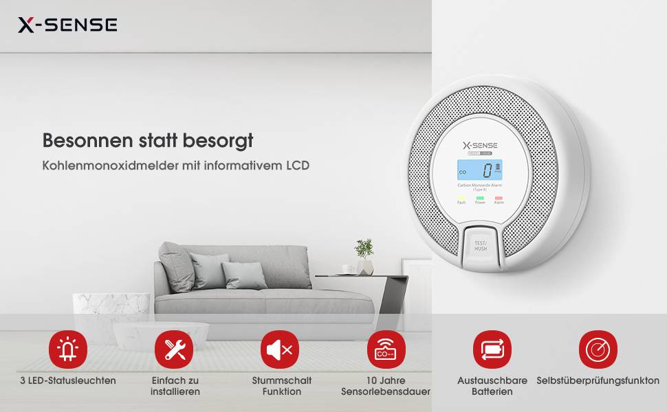 Kohlenmonoxidmelder an einer Wand mit LCD-Anzeige. Beschriftung: 'Besonnen statt besorgt'. Symbole für Funktionen darunter: einfache Installation, 10 Jahre Sensor, austauschbare Batterien.