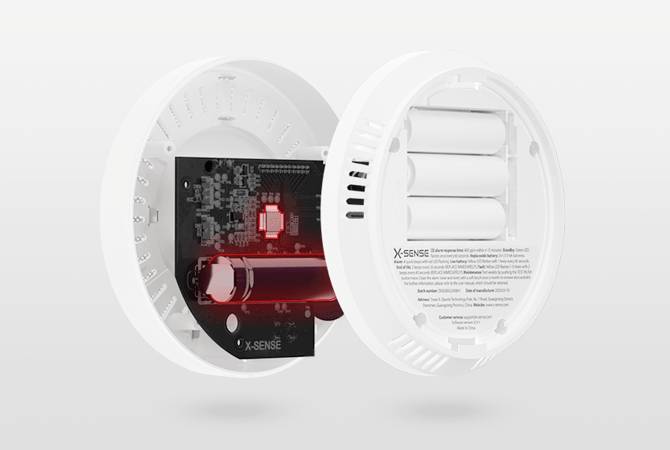 Ein Rauchmelder ist aufgeschnitten dargestellt, wobei die internen Komponenten wie Leiterplatte, Batteriefach und Sensoren sichtbar sind.