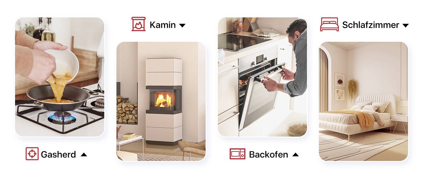 Gaskocher: Eine Person giesst Flüssigkeit in eine Pfanne. Kamin: Moderner Kamin mit Holz gestapelt. Backofen: Person überprüft Essen im Ofen. Schlafzimmer: Modernes, gemütliches Zimmer.