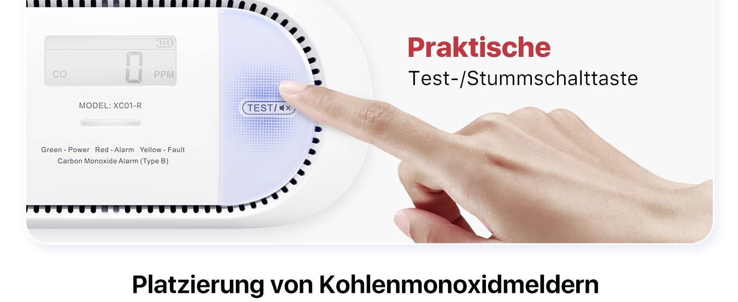 Person drückt Test-/Stummschalttaste eines Kohlenmonoxidmelders, Modell XC01-R, mit Anzeigeleuchten für verschiedene Status.