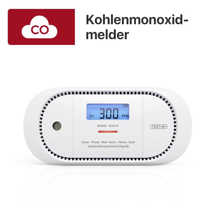 Ein Kohlenmonoxidmelder mit digitaler Anzeige zeigt '300 ppm'. Der rote Bereich signalisiert Gefahr. Links oben ein Symbol mit 'CO'.