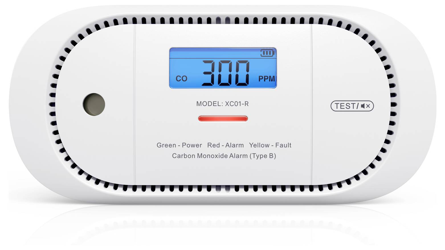 Kohlenmonoxid-Detektor mit digitaler Anzeige von '300 ppm' und Testknopf, Modell XC01-R; zeigt erhöhte CO-Werte an.