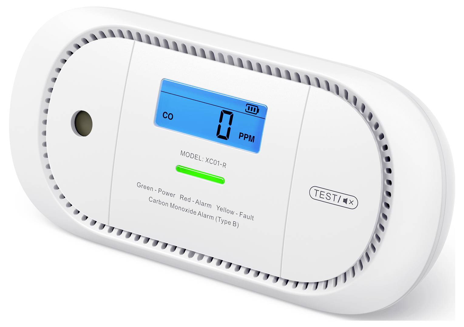 Ein wandmontierter Kohlenmonoxid-Melder mit digitaler Anzeige, die „CO 0 ppm