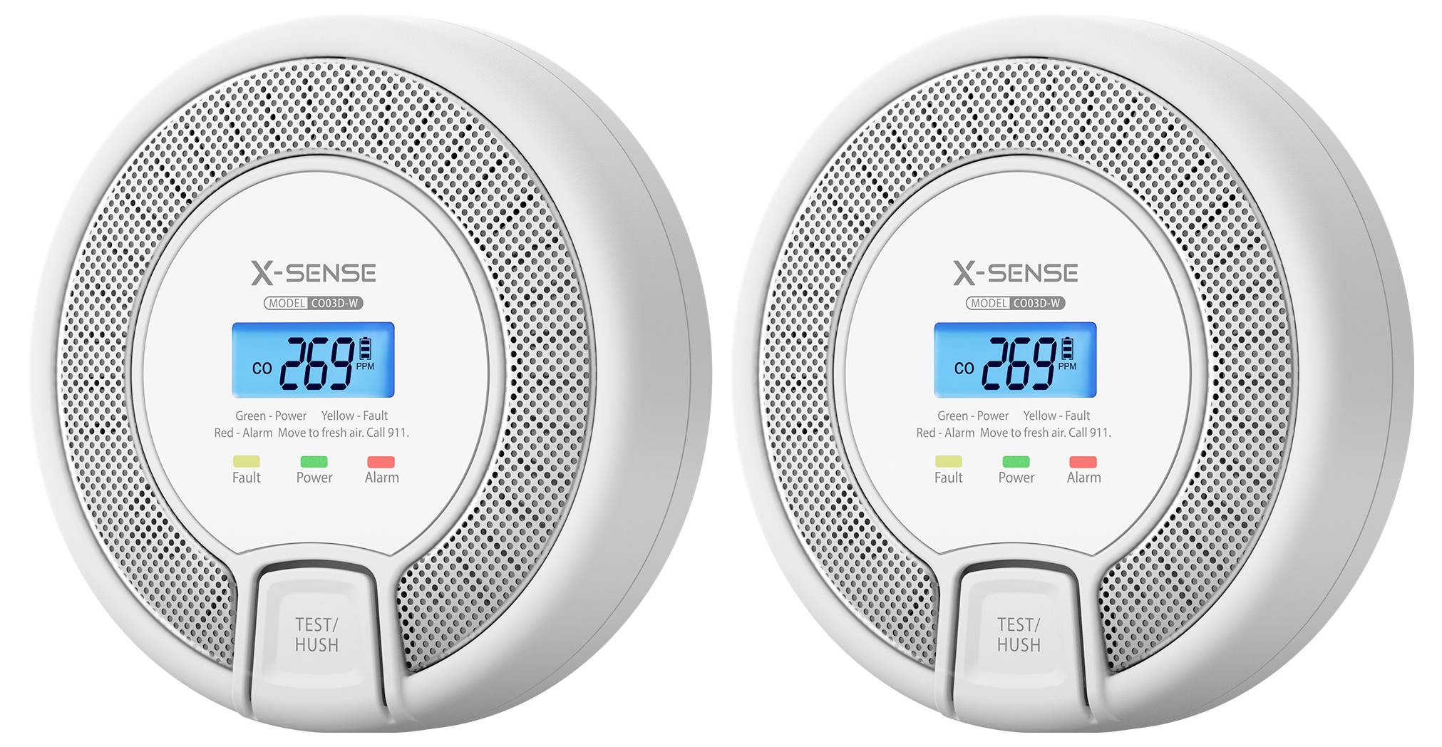 Zwei X-Sense Kohlenmonoxid-Detektoren zeigen CO-Werte von 269 ppm, mit grünen, gelben und roten Anzeigelichtern für Stromversorgung, Störung und Alarm.
