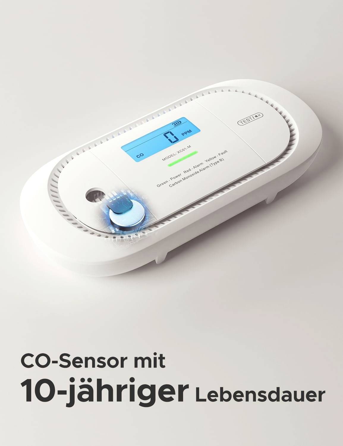 CO-Sensor mit digitalem Display; Text auf dem Bild: 'CO-Sensor mit 10-jähriger Lebensdauer'.