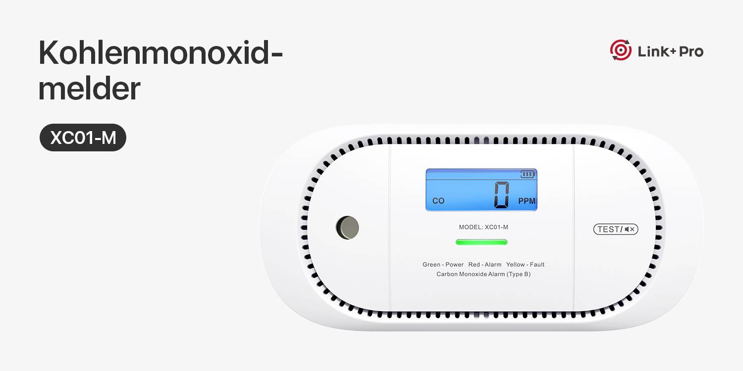 'Kohlenmonoxidmelder XC01-M' zeigt digitales Display mit CO-Wert. Testknopf und Status-LEDs für Power, Alarm und Fehler.
