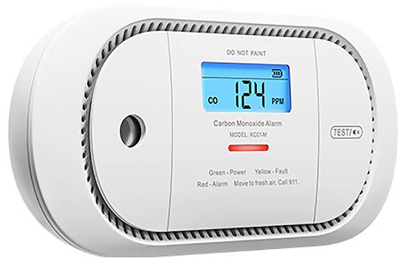 Kohlenmonoxid-Alarm mit digitaler Anzeige, die einen Wert von 124 ppm und das CO-Warnungssymbol zeigt. Tasten umfassen Test- und manuelle Rückstellfunktion.