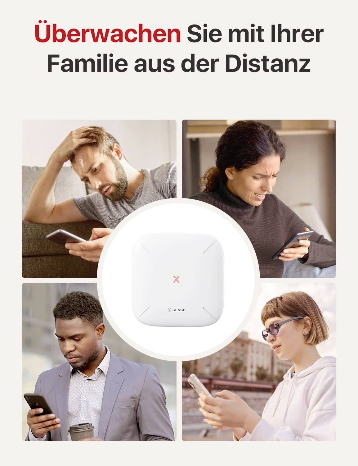 Vier Personen schauen auf ihre Mobilgeräte, zentrale Abbildung eines Überwachungsgeräts. Text: 'Überwachen Sie mit Ihrer Familie aus der Distanz'.
