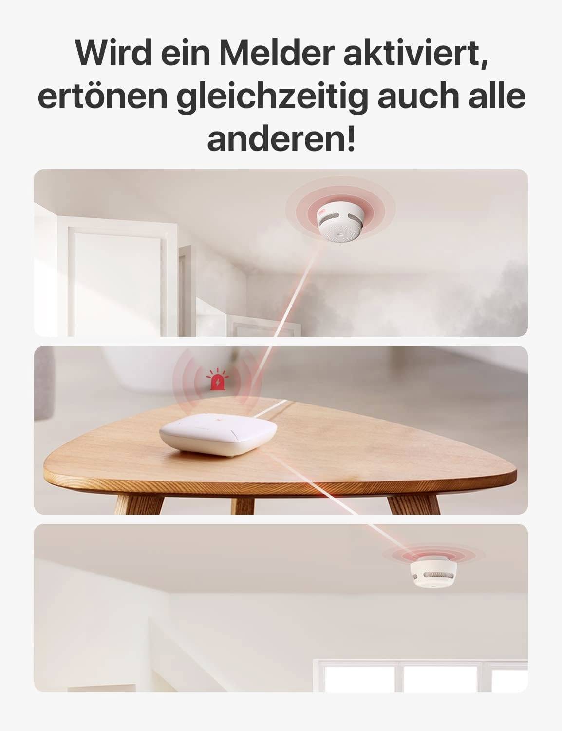 Ein Rauchmelder wird aktiviert, gleichzeitig ertönen auch die anderen Melder im Raum. Eine Überprüfung durch ein Tischgerät wird gezeigt.