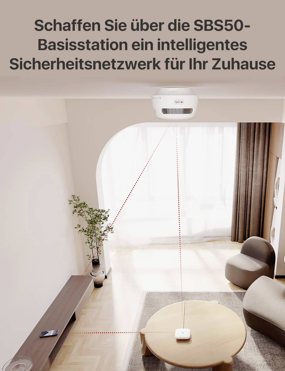Ein Wohnzimmer mit einem Projektor, der einen Laserstrahl zu einem Gerät auf einem Tisch sendet. Text über smarter Sicherheitslösung.