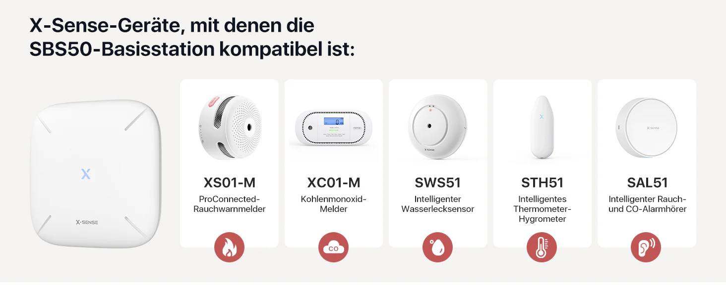 X-Sense-Geräte, mit denen die SBS50-Basisstation kompatibel ist: Rauchwarnmelder, CO-Melder, Wasserlecksensor, Thermo-/Hygrometer, Rauch- und CO-Alarm.