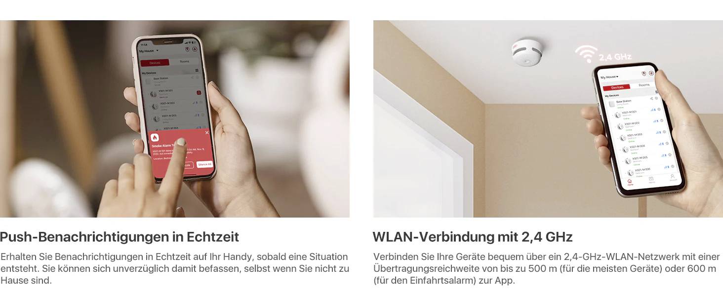 Eine Person hält ein Handy mit einer App für Push-Benachrichtigungen und WLAN-Verbindung bei 2,4 GHz. Ein Rauchmelder ist sichtbar.