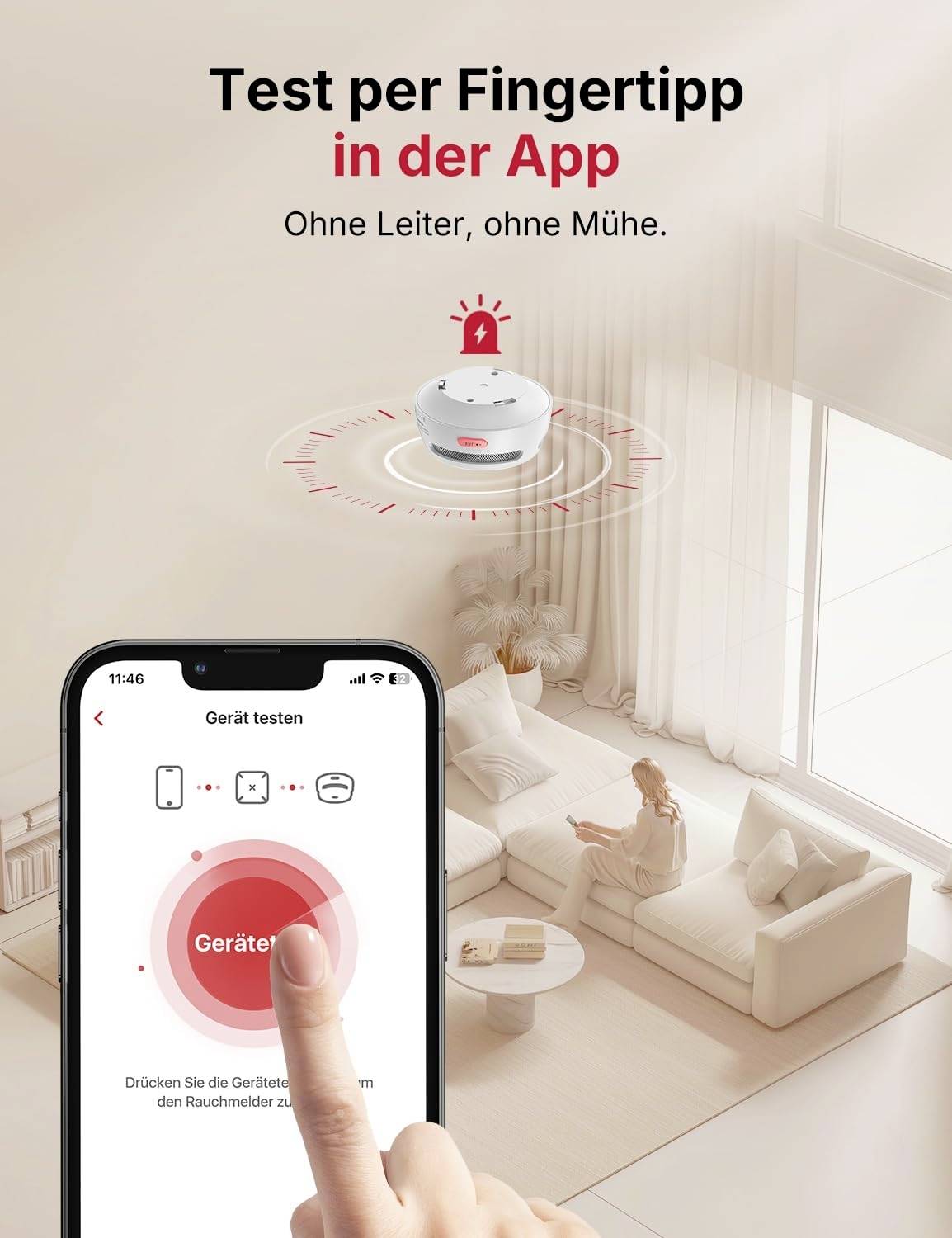 Ein Smartphone zeigt die Steuerung einer App zur einfachen und bequemen Rauchmelderprüfung in einem Wohnzimmer ohne Leiter.