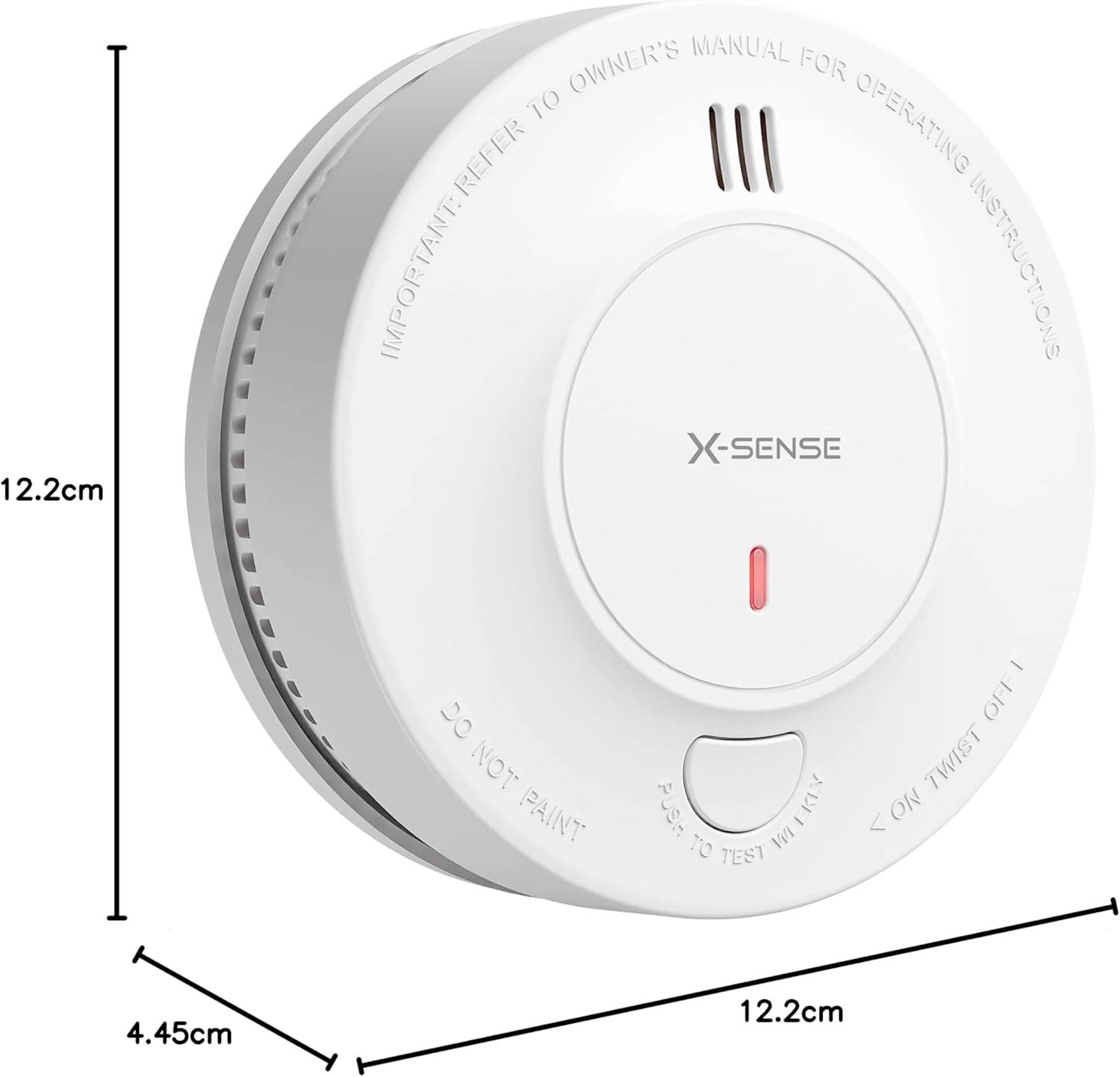 Ein runder weißer Rauchmelder der Marke 'X-Sense' mit einem Durchmesser von 12,2 cm und einer Tiefe von 4,5 cm, mit einer zentralen roten Anzeigelampe.