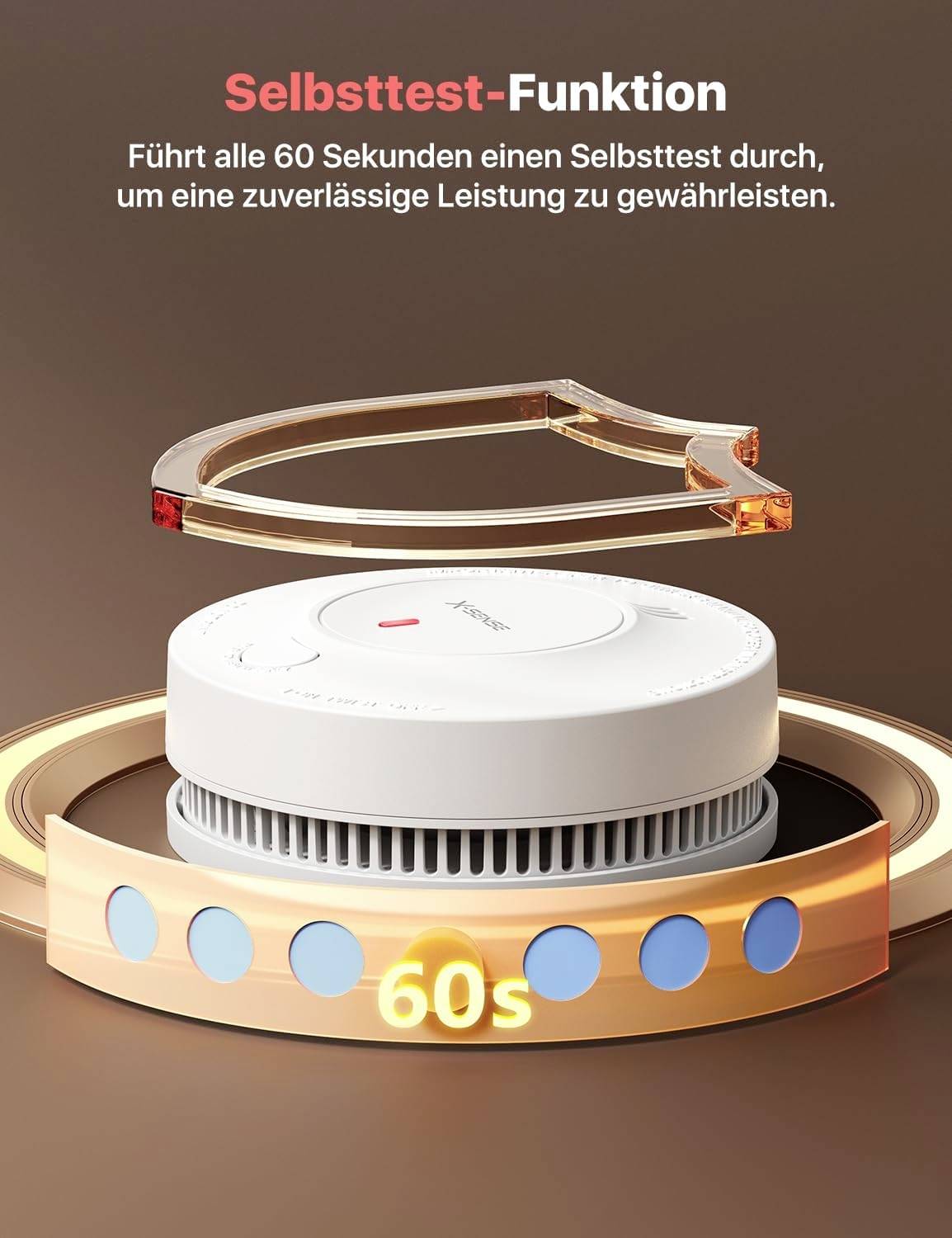 'Selbsttest-Funktion': Der Rauchmelder führt alle 60 Sekunden einen Selbsttest durch, um zuverlässige Leistung zu gewährleisten.