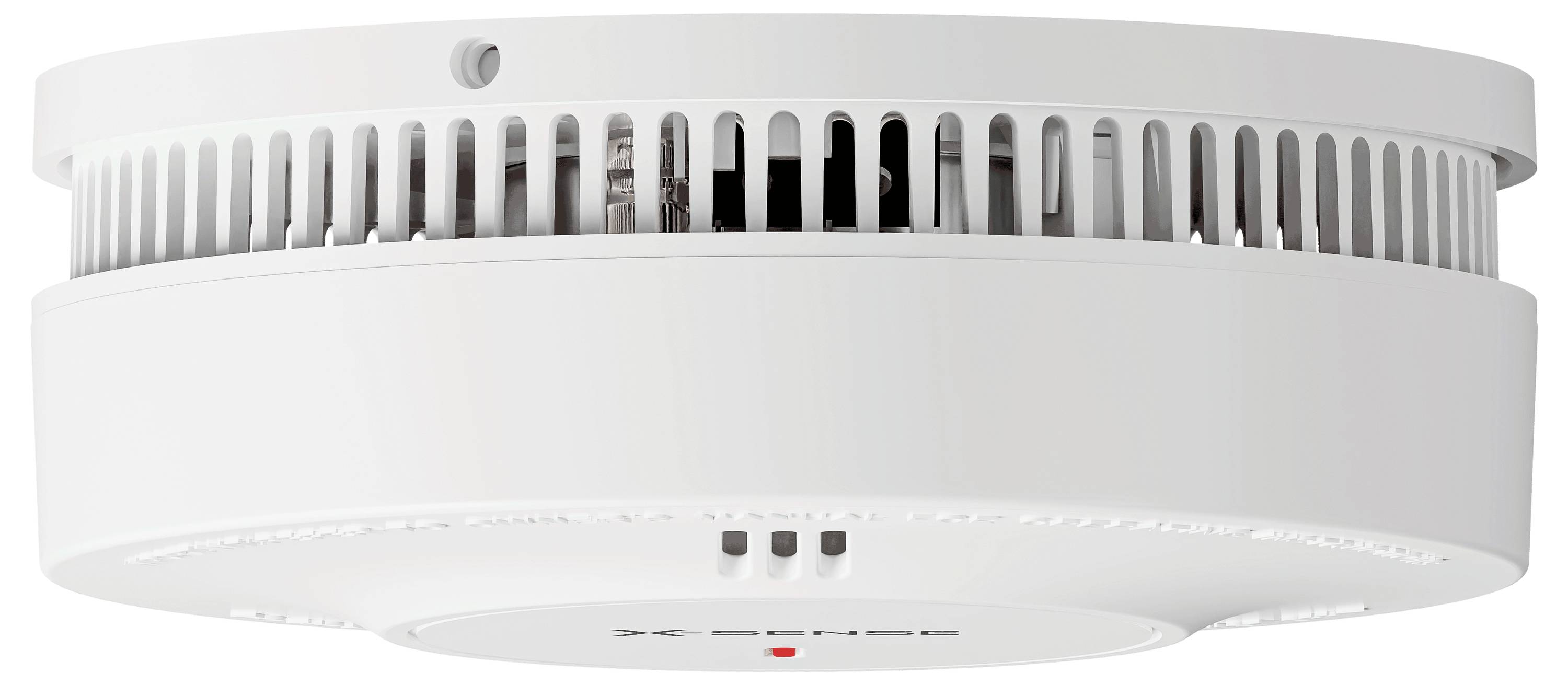 Ein Rauchmelder, der an einer Decke montiert ist und ein rundes weißes Design mit Lüftungsschlitzen, einer Kontrollleuchte und einer Testtaste an der Vorderseite aufweist.