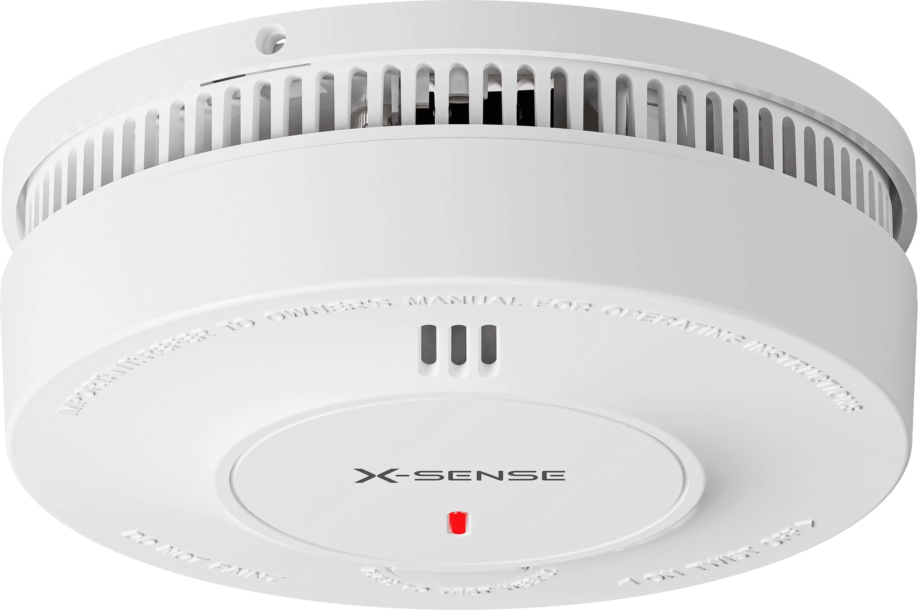 Ein weißer Rauchmelder mit roter LED-Anzeige, der mit 'X-Sense' markiert ist und den Betriebsstatus in einem sicherheitsrelevanten Kontext anzeigt.