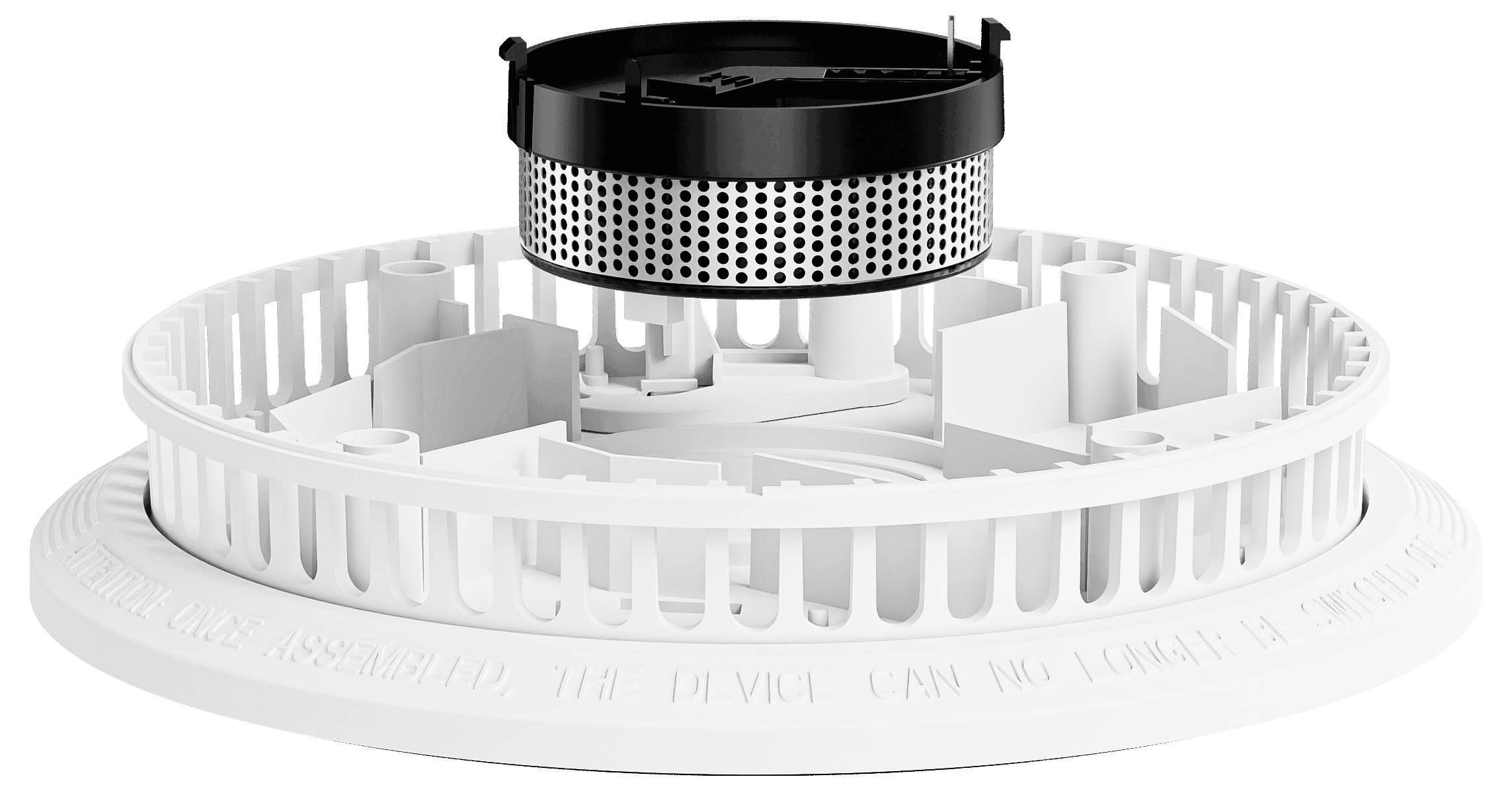 Ein Rauchmelder mit kreisförmiger Grundform weist eine Komponente in Schwarz und Weiß auf, bei der es sich möglicherweise um eine herausnehmbare Kammer für die Raucherfassung handelt.