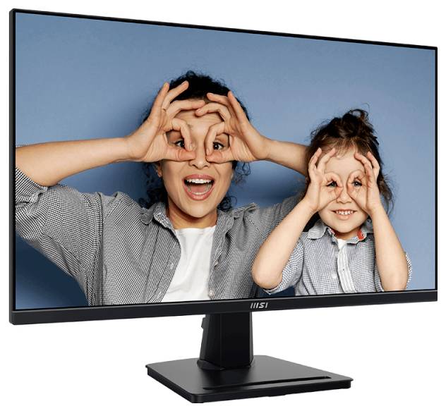 Ein Monitor zeigt ein Foto einer Frau und eines Kindes, die beide lächeln und spielerische Handgesten machen, die Brillen vor ihren Augen nachahmen.