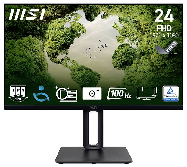Ein Computermonitor, der ein grün-thematisches Naturbild eines Baumkronenwaldes zeigt, das die Form einer Weltkugel bildet, mit Merkmalen wie 
