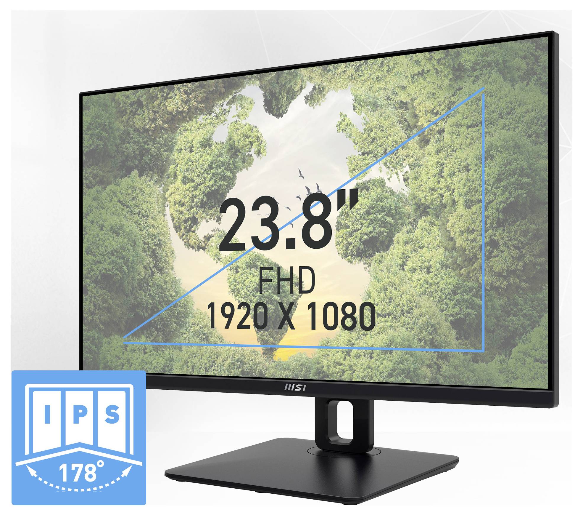Ein 23,8-Zoll-Full-HD-Monitor, der eine malerische Luftaufnahme von grünem Laub und einem Fluss zeigt. Der Bildschirm verfügt über IPS-Technologie mit 178-Grad-Blickwinkel.