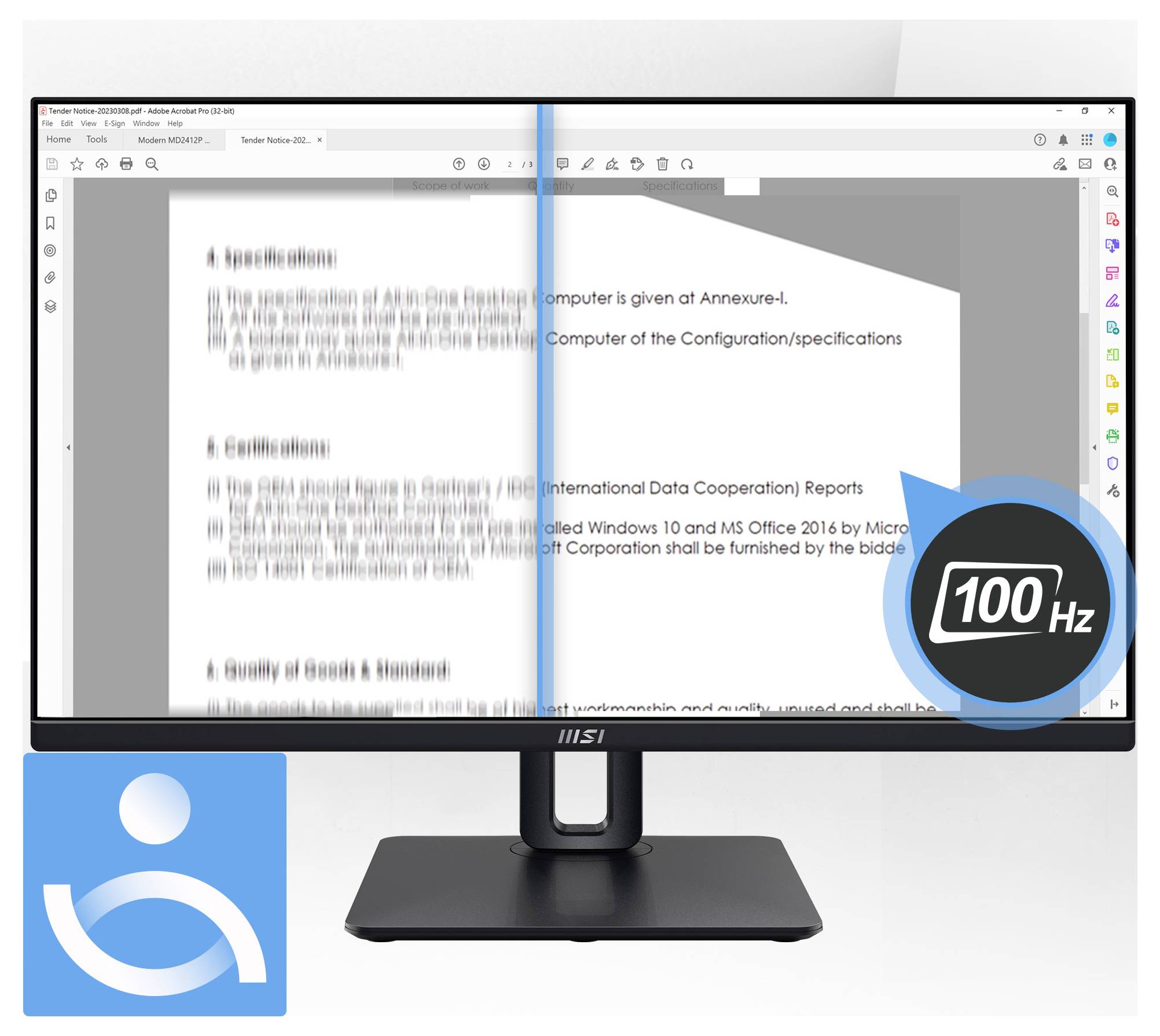 Ein Computermonitor, der ein Dokument auf seinem Bildschirm anzeigt, geteilt durch eine blaue Linie, die verschiedene Anzeigeeinstellungen zeigt; Beschriftung '100 Hz' hervorgehoben.