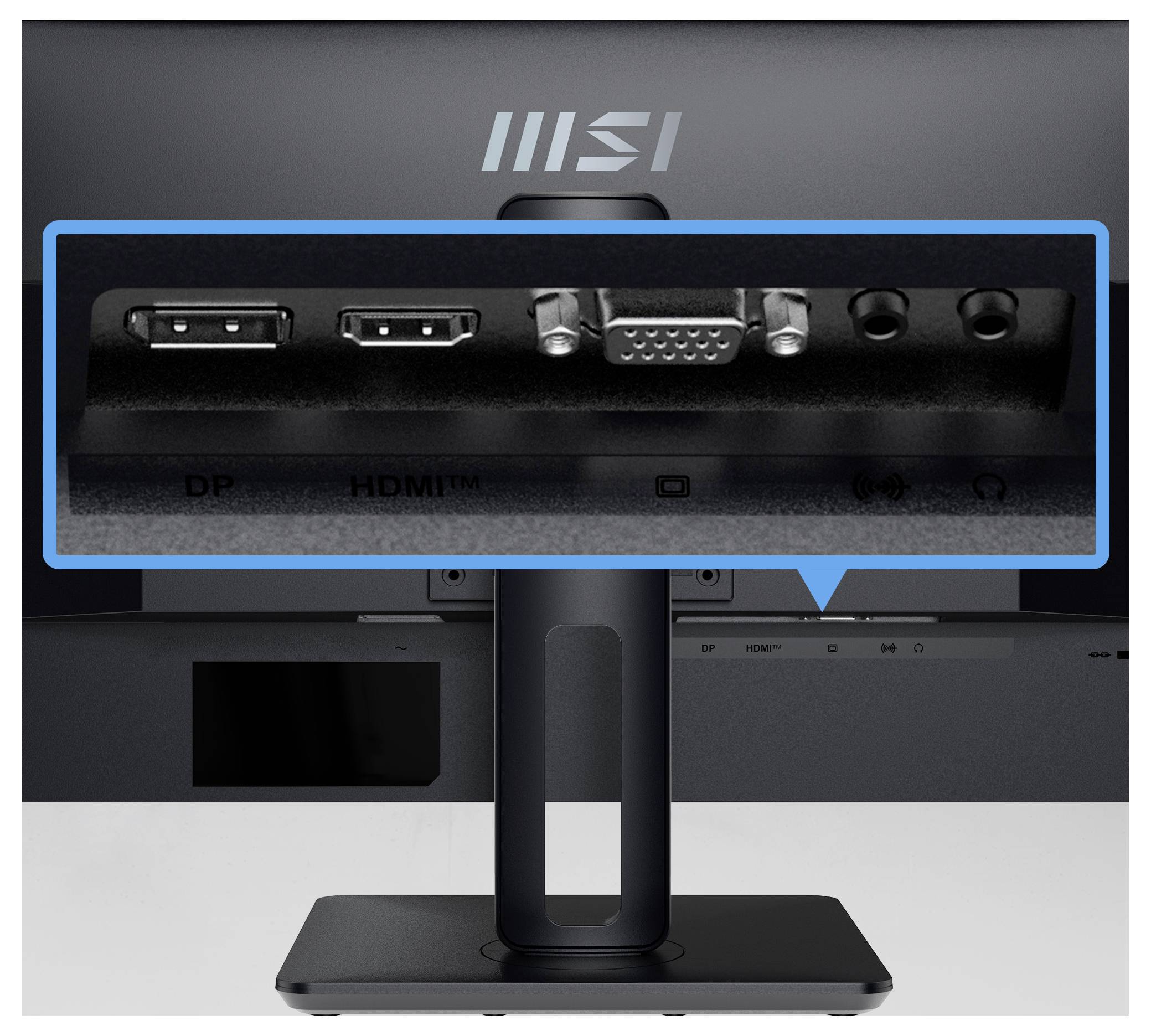 Rückansicht eines MSI-Monitors mit hervorgehobenen Anschlüssen: DisplayPort (DP), HDMI, VGA und Audio-Ein-/Ausgang, markiert mit einer blauen Box.