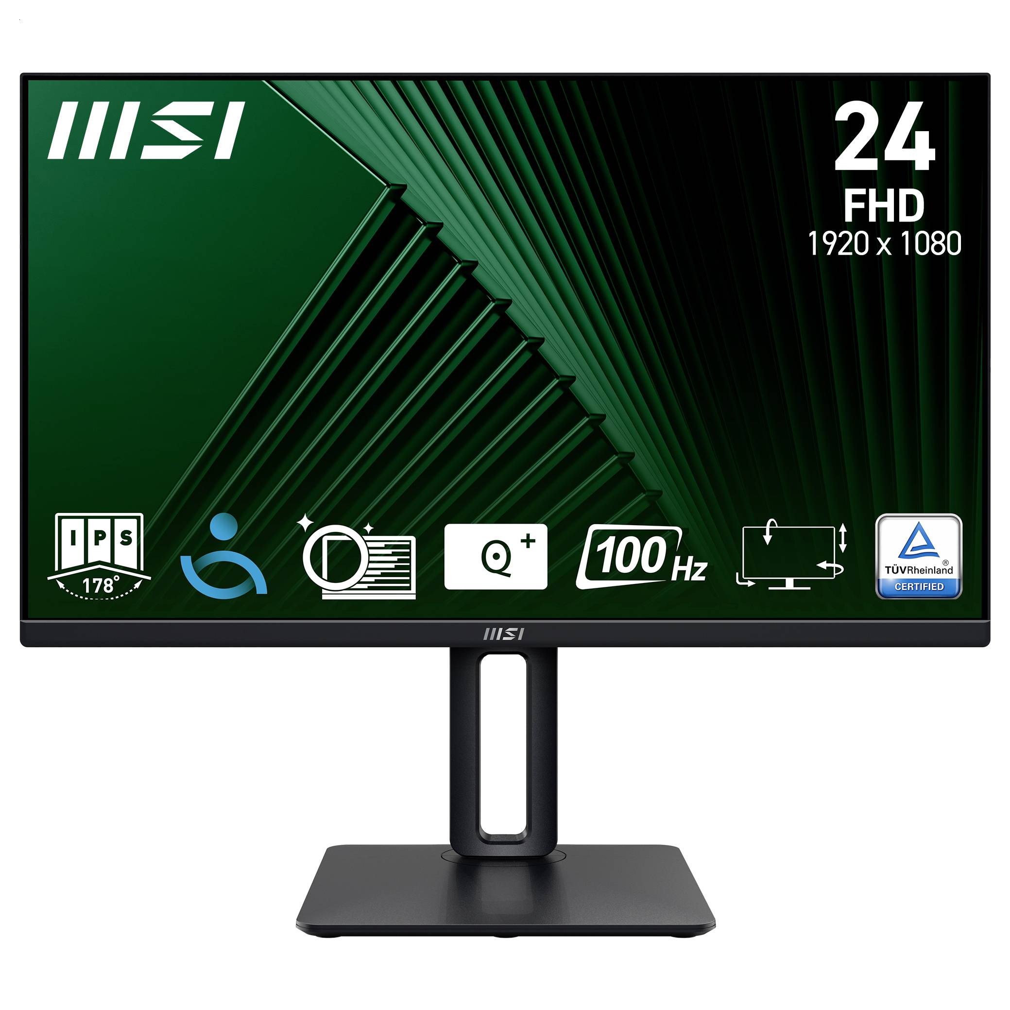 Monitor mit MSI-Logo, '24 FHD', '1920 x 1080', zeigt Icons für 178° Blickwinkel, Flimmerschutz, Neigungsfunktion, '100 Hz' und TÜV-Rheinland-Zertifizierung.