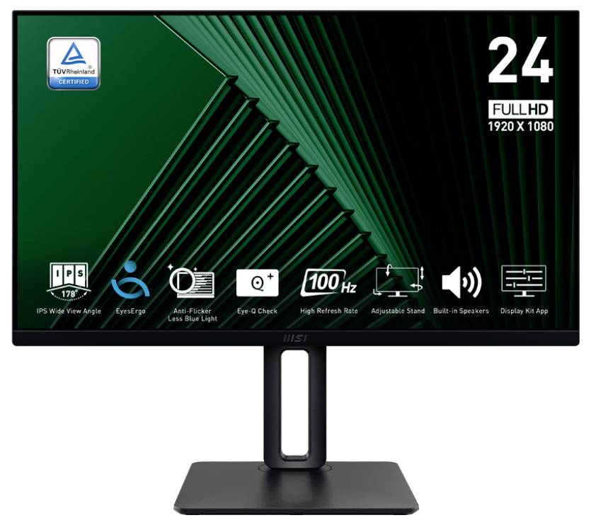 Ein 24-Zoll Full-HD-Monitor mit TÜV-Zertifizierungsaufkleber, ausgestattet mit Funktionen wie IPS-Weitwinkelansicht, Flimmerschutz, 100 Hz Bildwiederholrate und integrierten Lautsprechern.