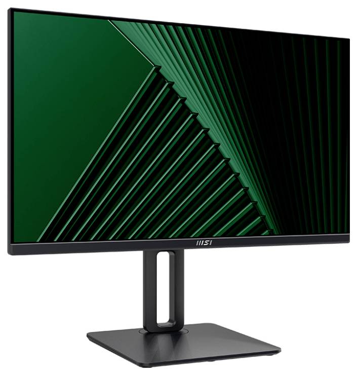 Ein Flachbildschirm-Monitor von MSI mit modernem Design, auf dem geometrische grüne Muster zu sehen sind, steht auf einem rechteckigen Sockel vor einem weißen Hintergrund.