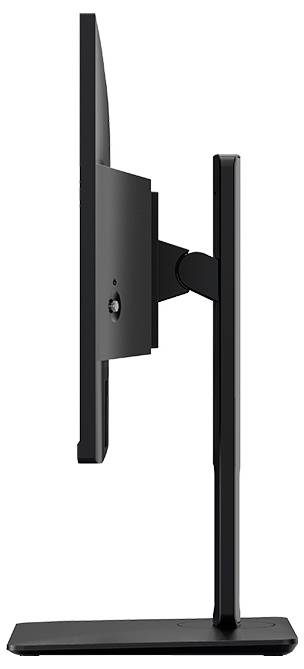 Seitenansicht eines dünnen, modernen Computermonitors auf einem Ständer.