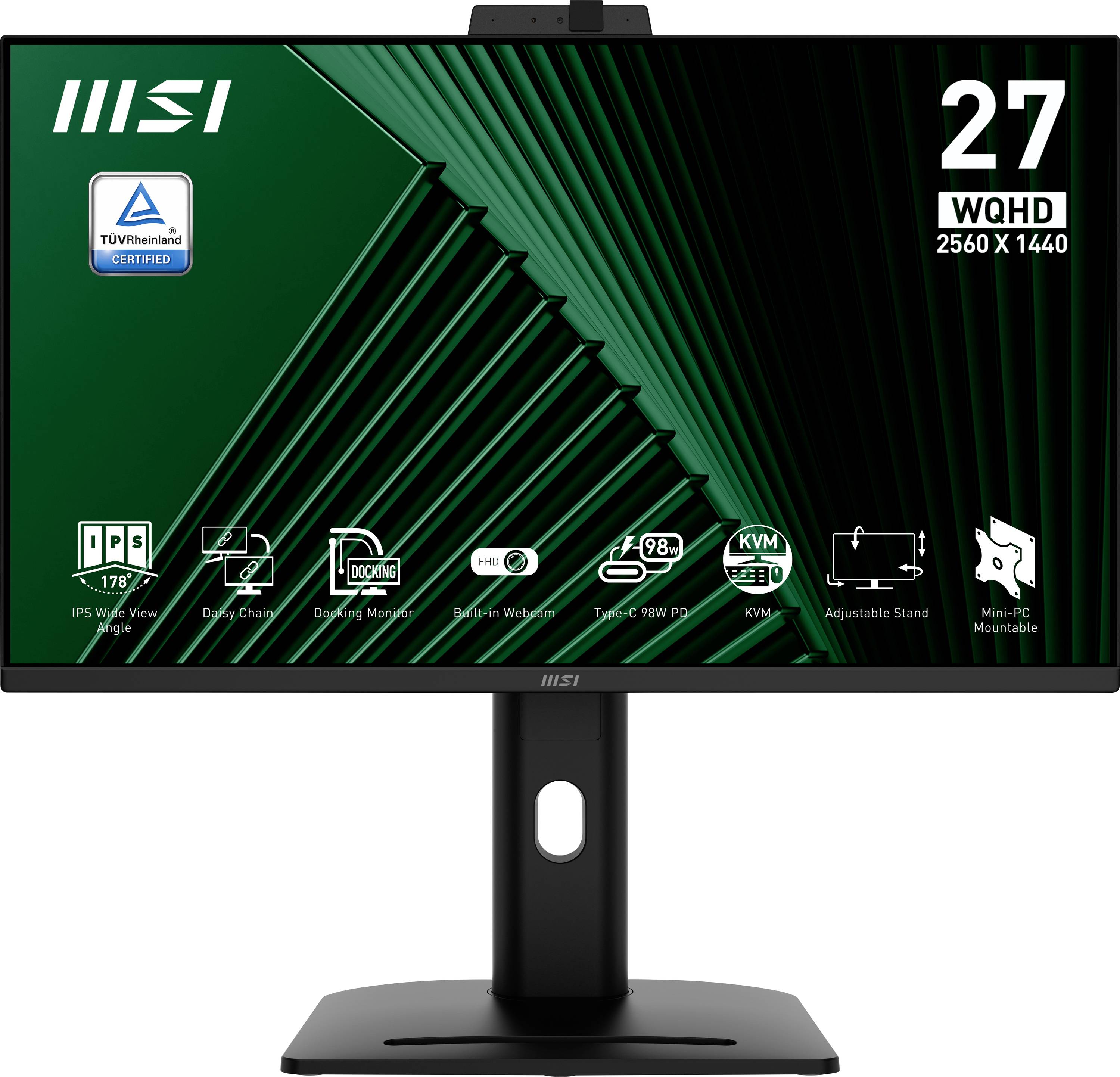 Ein schwarzer MSI-Monitor mit einem 27-Zoll-Bildschirm und WQHD-Auflösung von 2560x1440, versehen mit einem TÜV-Rheinland-Zertifizierungslogo für Augenschutz.