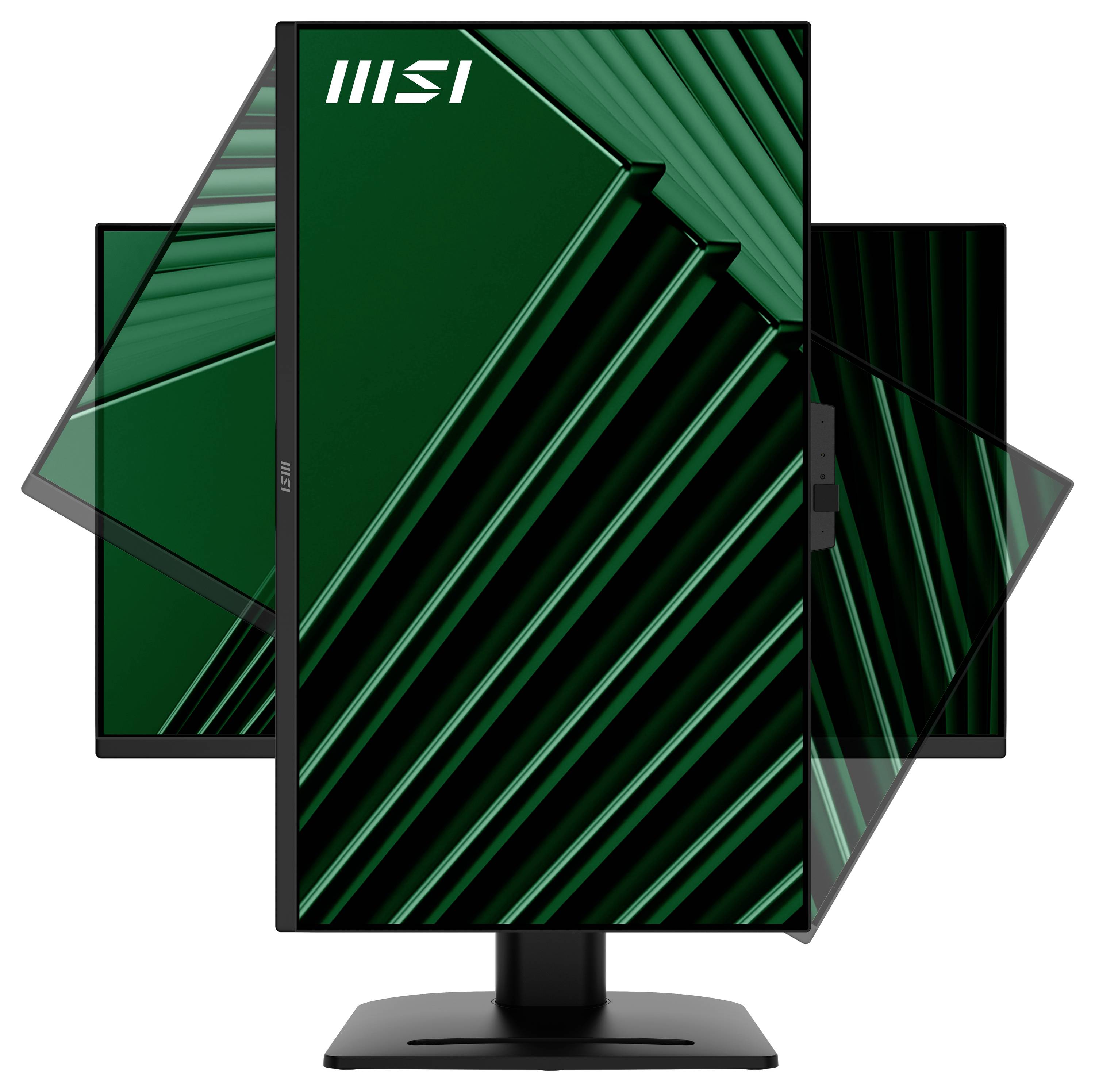 Ein Monitor, der abstrakte grüne diagonale Muster mit Rotationseinstellungsoptionen anzeigt und ergonomische Merkmale repräsentiert.