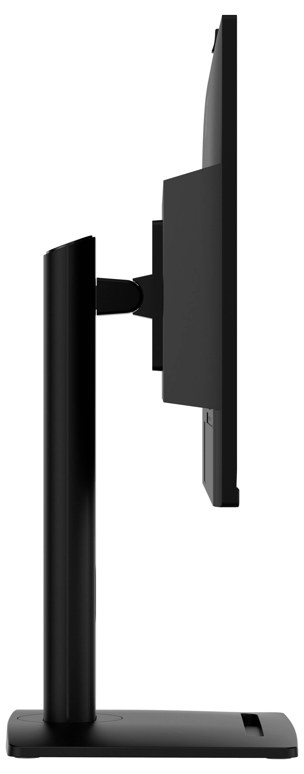 Seitenansicht eines schwarzen Computermonitors auf einem Ständer, der sein schlankes Design und die verstellbare Höhenfunktion zeigt.