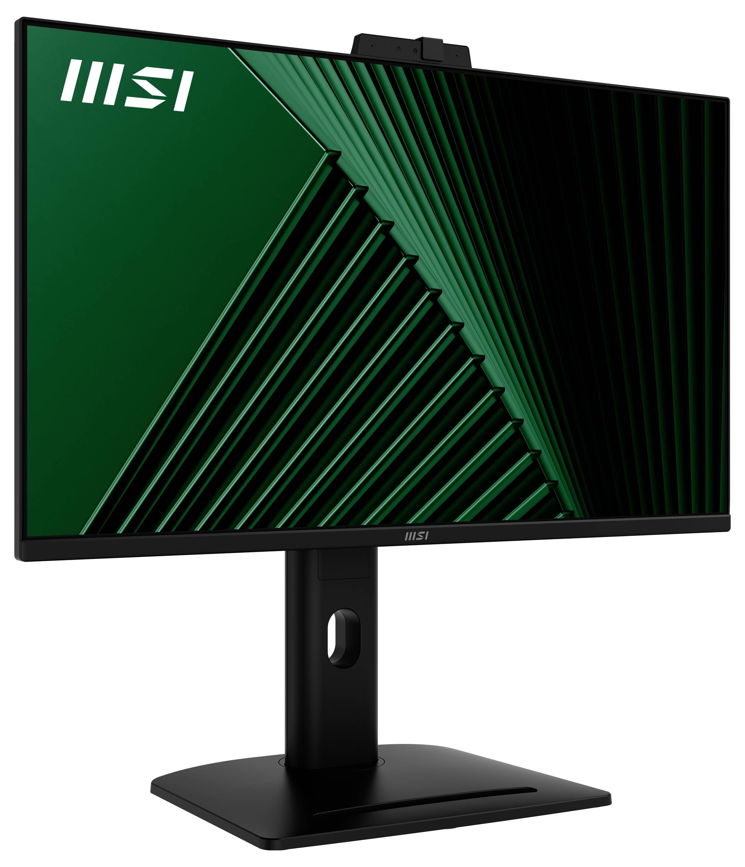 Ein schlanker MSI-Monitor mit minimalistischem Design, der einen dunklen Bildschirm mit grünen geometrischen Linien aufweist. Der Standfuß ist schwarz und rechteckig.