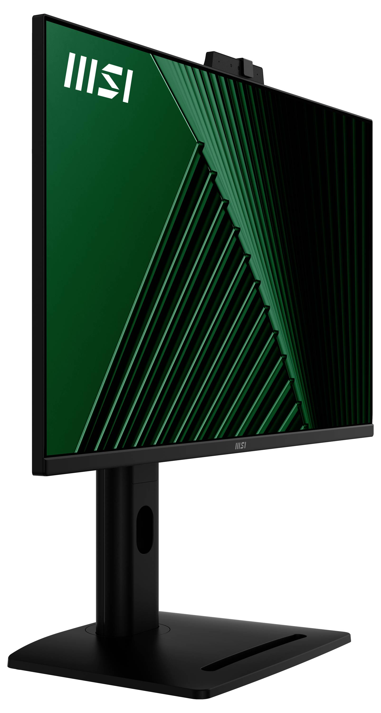 Ein Computer-Monitor mit einer schlanken schwarzen Basis, der ein grünes geometrisches Muster anzeigt. Das MSI-Logo befindet sich in der oberen linken Ecke des Bildschirms.