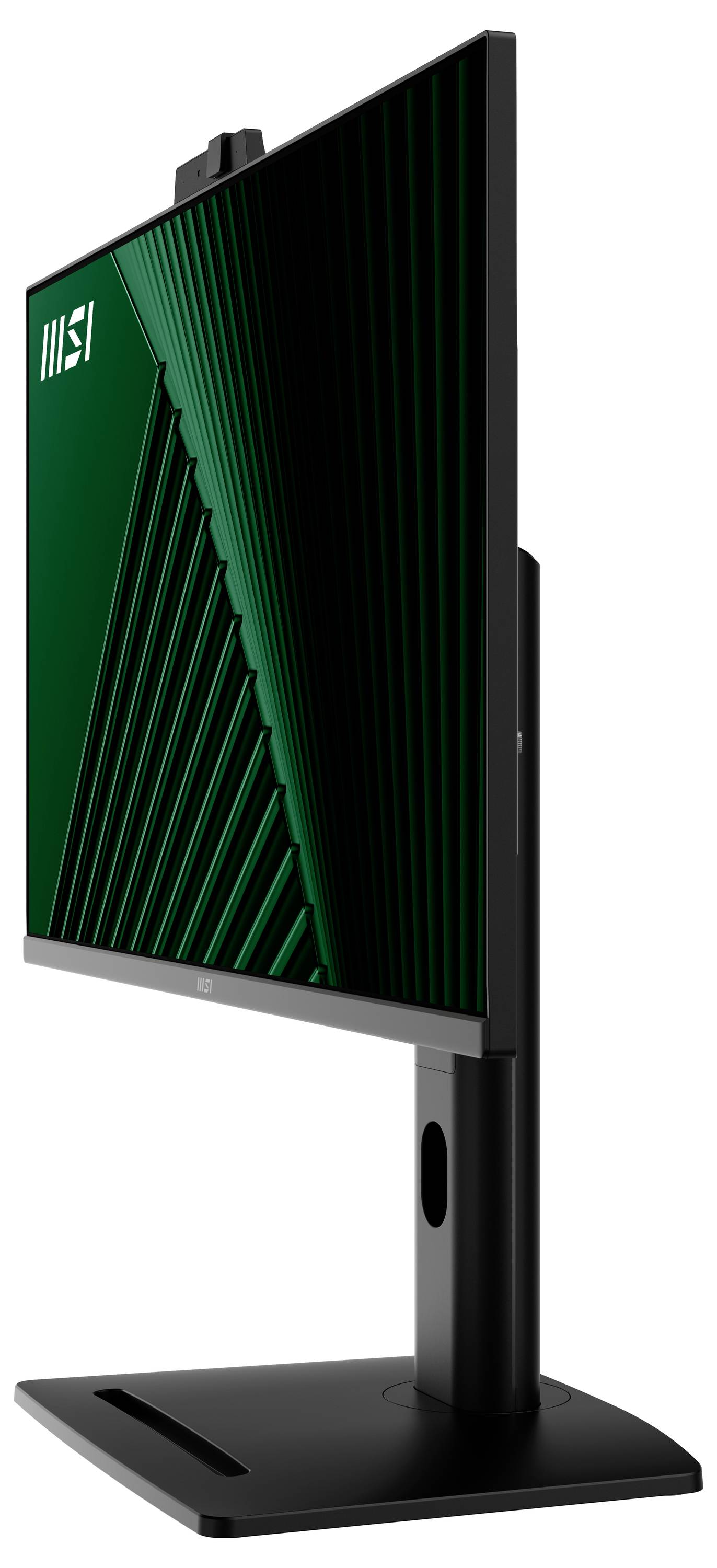 Seitenansicht eines modernen schwarzen Computermonitors auf einem Ständer, mit einem eleganten, schlanken Design und einem grünen geometrischen Muster auf dem Bildschirm.