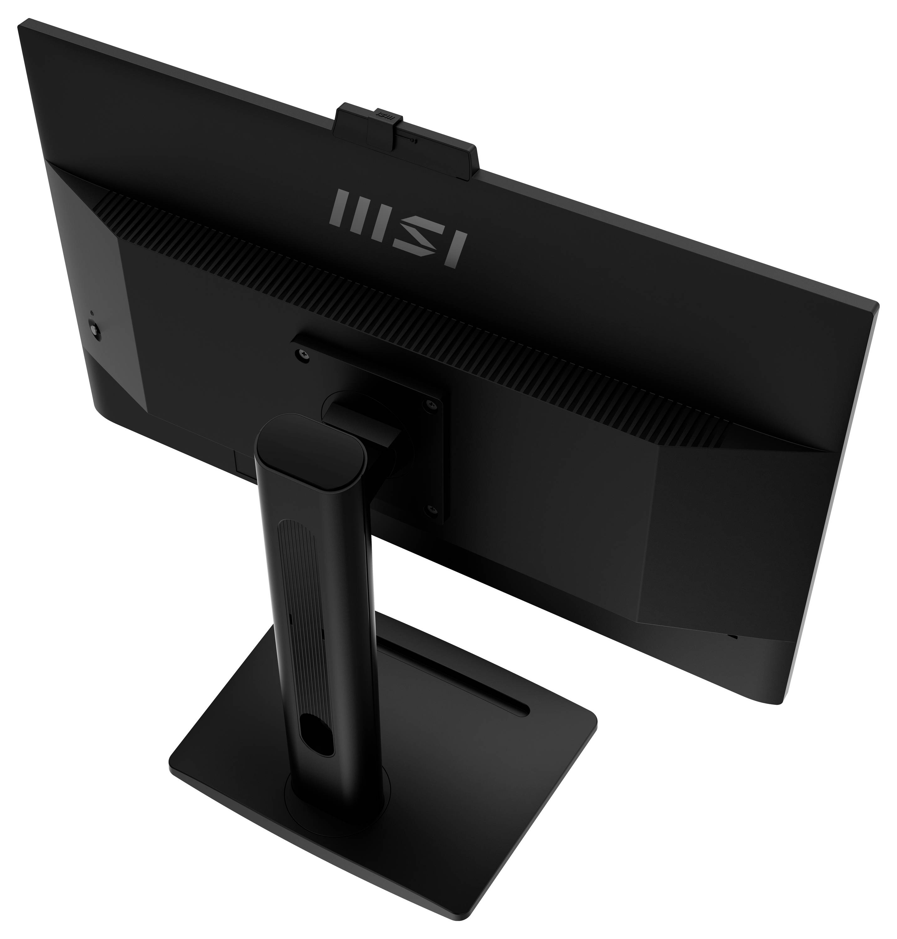 Ein schwarzer Computermonitor von hinten gesehen, montiert auf einem stabilen Ständer mit rechteckiger Basis. Das Markenlogo ist auf der Rückseite sichtbar.