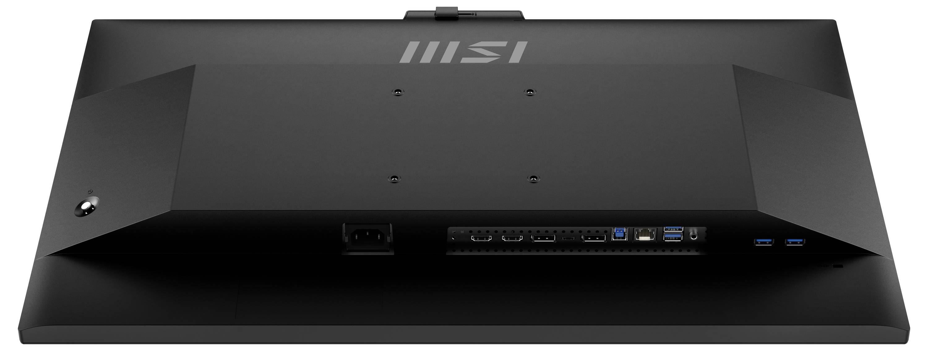 Rückansicht eines schwarzen MSI-Monitors, der verschiedene Anschlüsse wie HDMI, DisplayPort, USB und Audioausgänge zeigt.