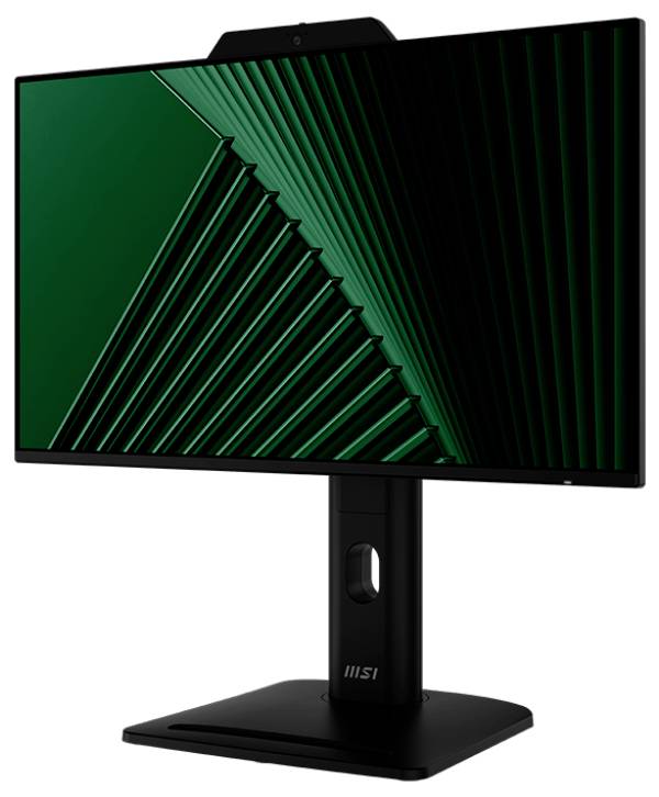 Ein schwarzer MSI-Monitor mit einem modernen, schlanken Design, der ein grünes geometrisches Muster auf dem Bildschirm zeigt.