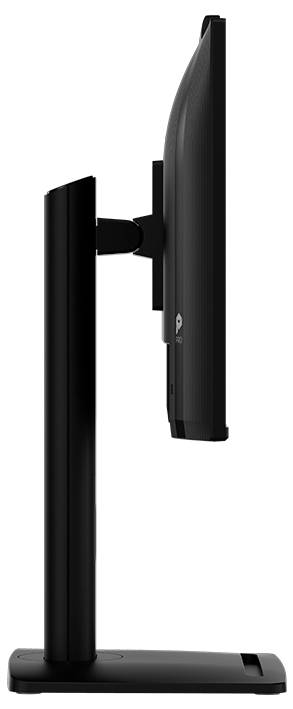 Ein schlanker Computermonitor im Seitenprofil, montiert auf einem verstellbaren schwarzen Ständer, der sein dünnes Design und seine elegante Erscheinung zur Geltung bringt.