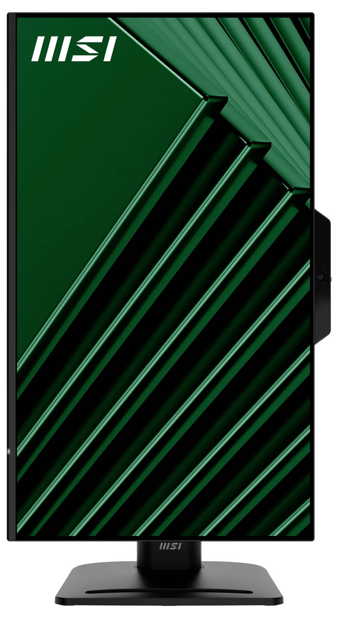 MSI-Monitor mit einem schlanken vertikalen Design, der geometrische grüne Muster auf dem Bildschirm aufweist.