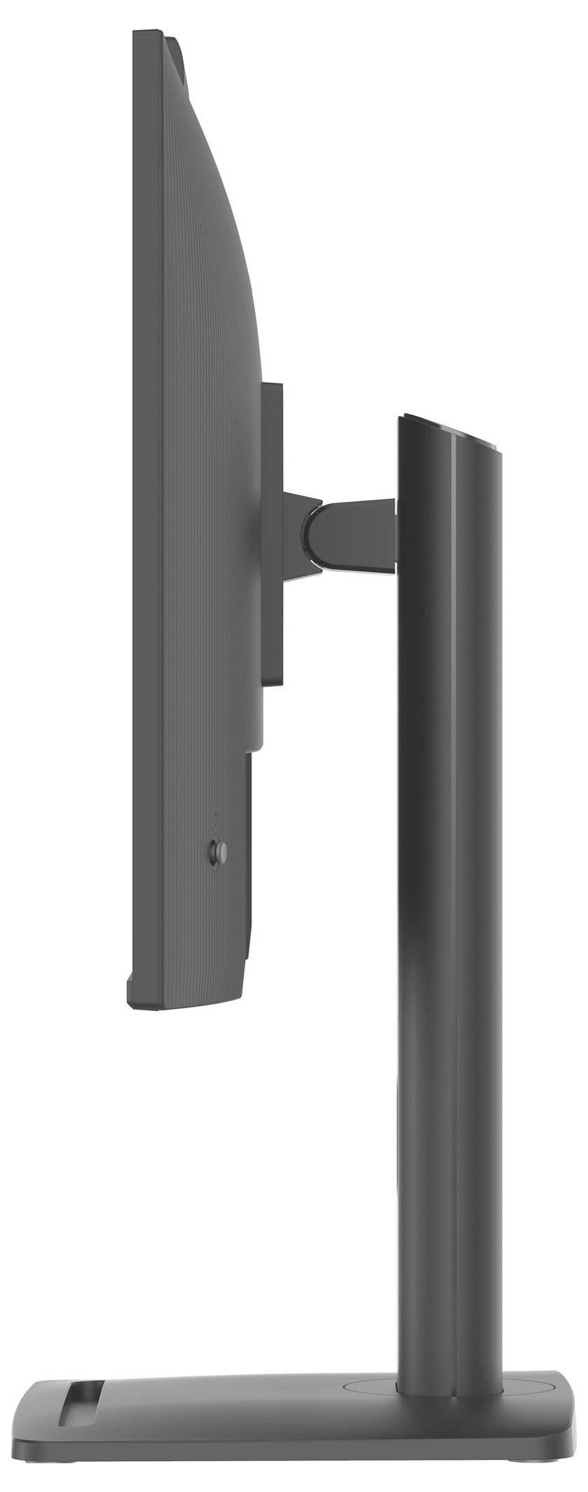 Eine Seitenansicht eines schlanken, schwarzen Computermonitors auf einem verstellbaren Ständer, die seinen dünnen Profil und sein modernes Design zeigt.