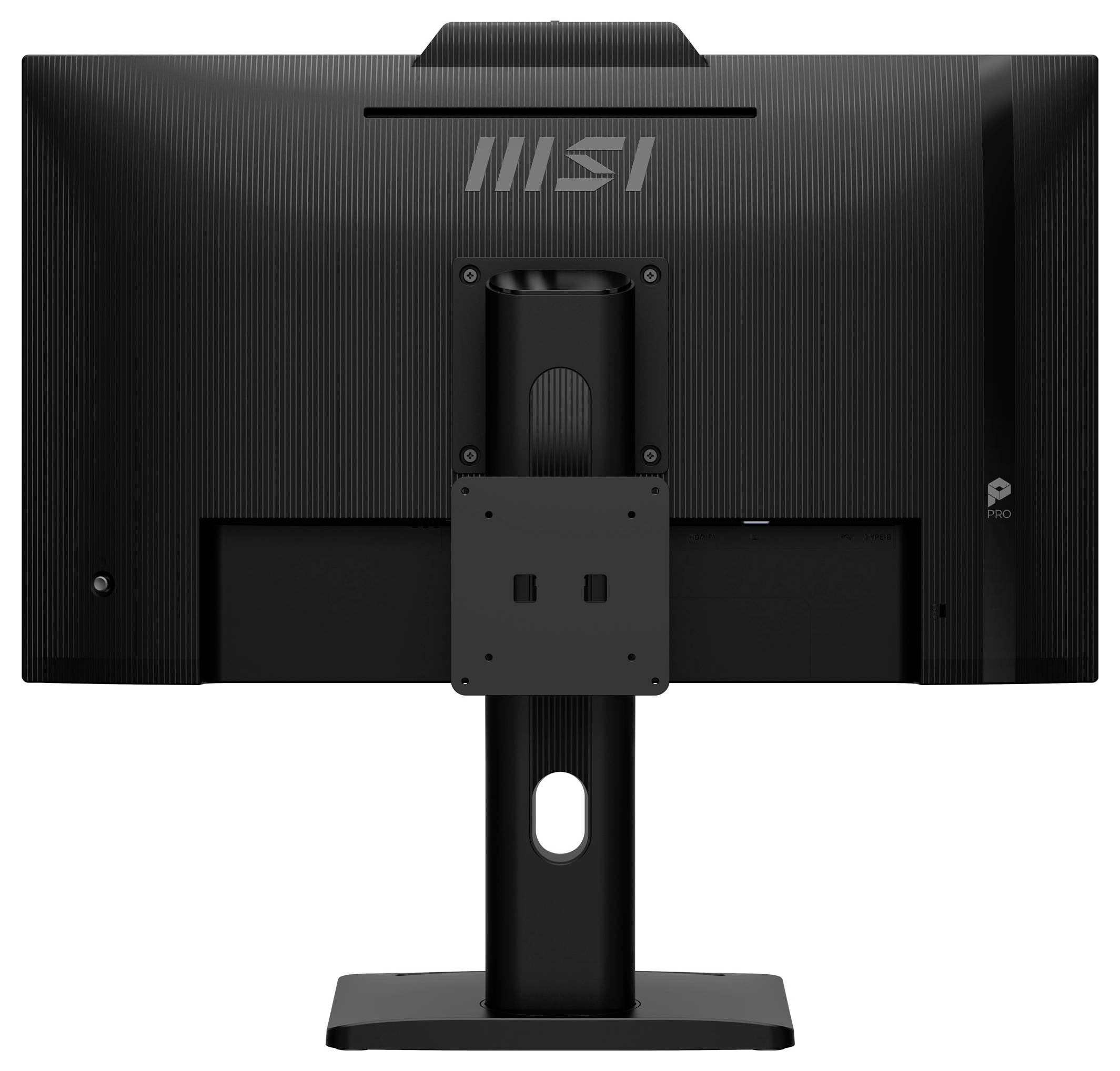 Rückansicht eines schwarzen MSI-Monitors auf einem Ständer, die das Rückpanel und die Befestigungshalterung zeigt.