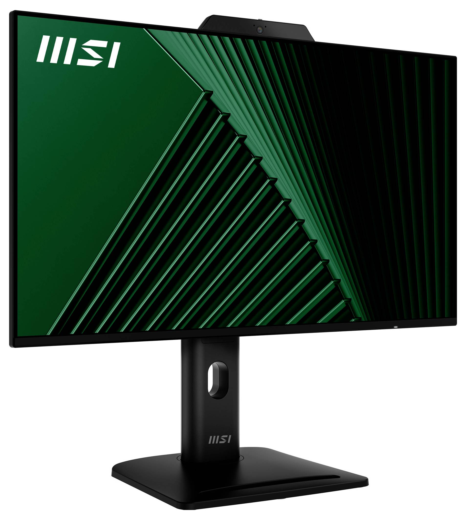 Ein schlanker MSI-Monitor präsentiert einen großen Bildschirm mit einem geometrischen dunkelgrünen und schwarzen Muster, aufgesetzt auf einem schwarzen Ständer, der eine moderne Ästhetik ausstrahlt.